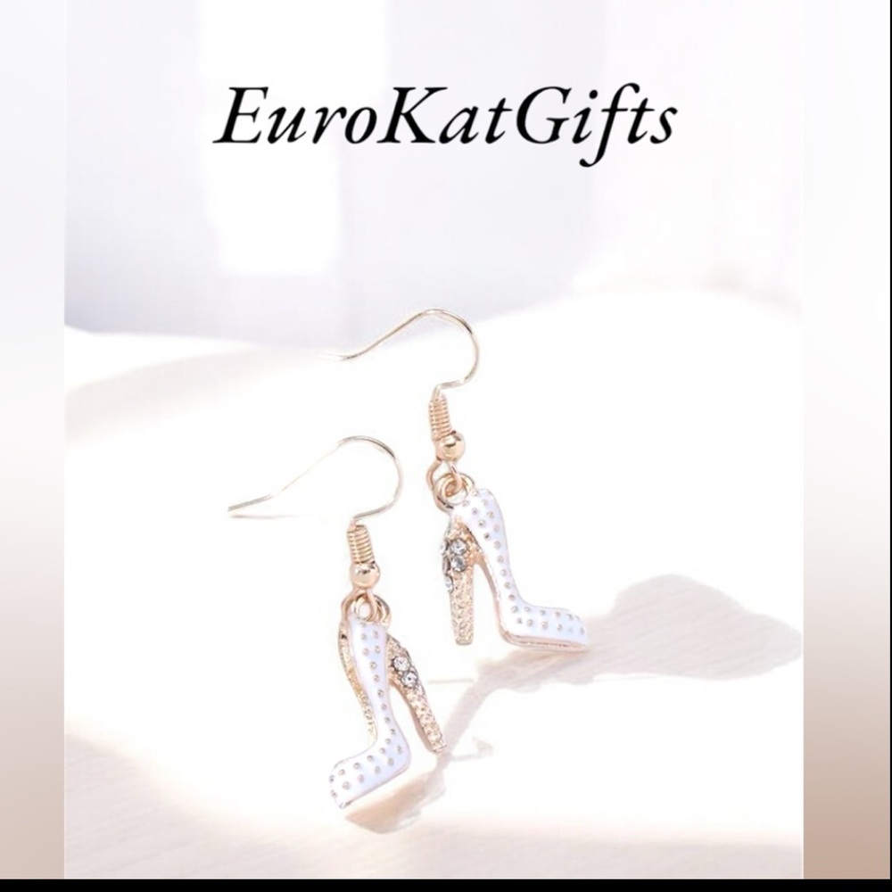 Crystal Rhinestone High Heel dangle Earrings Platform Stiletto 1.5” White - Picture 12 of 13